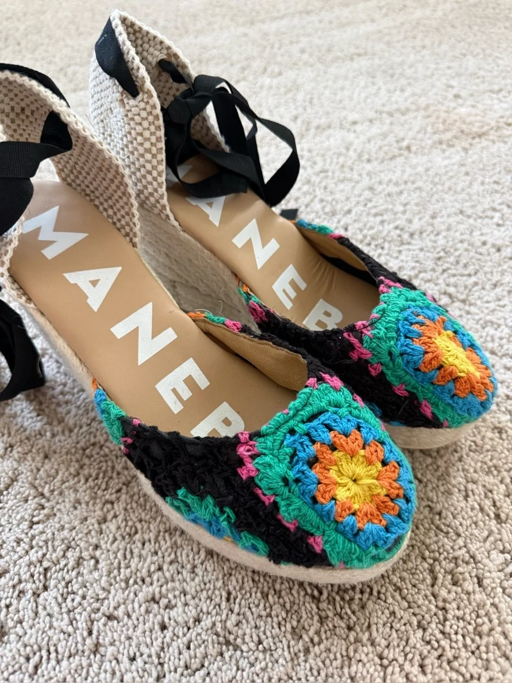 Manebi Yuketan Platform Espadrille Wedge Crochet Tie-Ankle Sandal 38